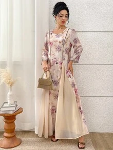 Al Najma Plus Size Women Floral Print Round Neck Elegant Long Sleeve Arabic Dress - Apricot - View 1