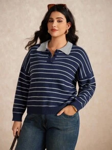 Elaquor Plus Size Women's Drop Shoulder Long Sleeve Striped Blue Polo Sweater In Fall/Winter - Blue - View 6