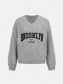 SHEIN Girlism Teen Girl's Casual Loose V-Neck English Slogan Print Sweater, Versatile In Fall/Winter