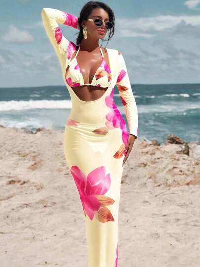 Swim Vcay Women's New Printed Tankini 3pcs Set, Sexy Halter Bikini Set With UV Protection For Summer Beach Vacation