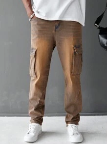 Manfinity Homme Men's Solid Color Pocket Casual Tapered Fit Jeans - Blue - View 4