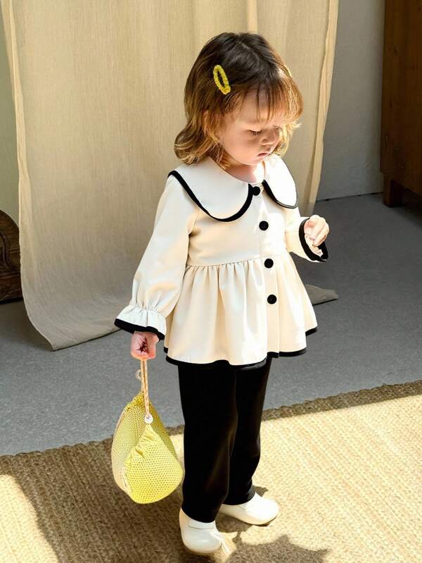 SHEIN Conjunto de camisa de manga larga con botones y pantalones acampanados de bloques de color para niña bebé