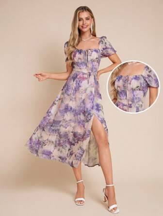 Amorya Women's Floral Split A-Line Maxi Nursing Dress, Beach Vacation Long Dress Fall/Winter Women Clothes Back To School Modest Vintage Old Money Teacher Outfits For Women Airport Beautiful Clothing For Women