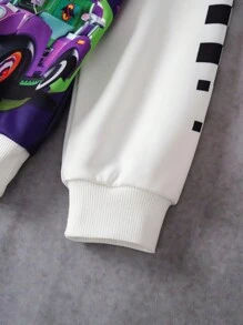 Batwheels X SHEIN Tween Boy Casual Street Fashion Cartoon Race Car Letter Graphic Patchwork Checkerboard Loose Fit Pullover And Elastic Waist Sweatpants Set, Spring/Autumn Boys Graphic Sweatpants And Shirt Boys Jogger Sets Boys Graphic Sweatpants And Sweatshirt Set