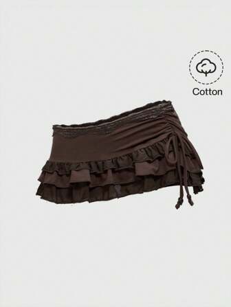 Grunge Punk Spring Break Concert, Women Rave Festival Valentine's Day Low-Waist Leopard Print Lace Trim Sexy Vintage Layered Cake Skirt With Bow Tie, Ruched Mini Skirt For Women Skirt