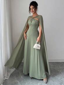 SHEIN Raffinéa 女士优雅水滴结领长款雪纺荷叶边腰部 A 字连衣裙 - 綠色 - 查看 5