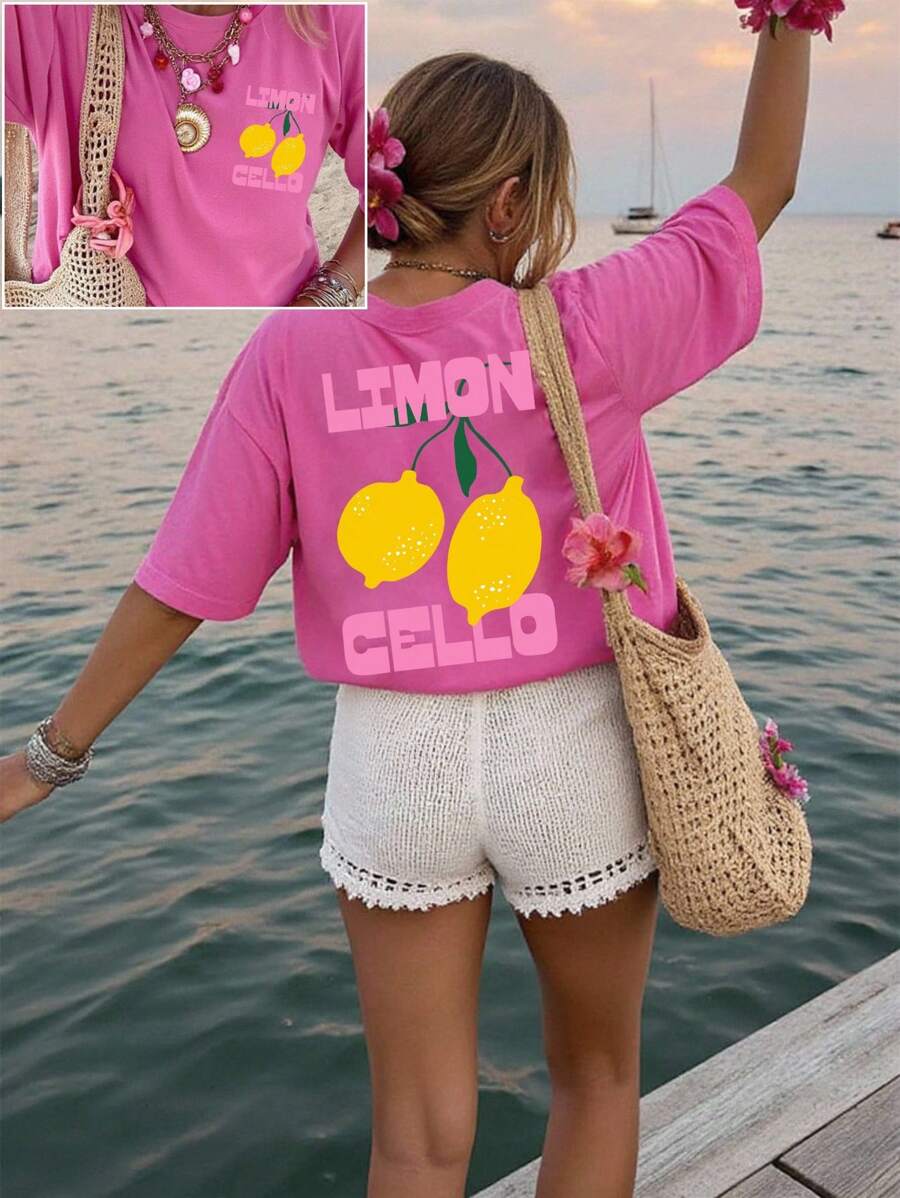 DrmWander 女士休闲字母和柠檬印花落肩短袖 T 恤，夏季 - 玫紅色 - 查看 1