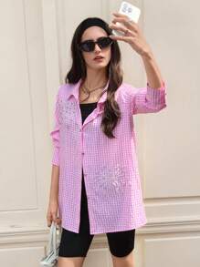 Aveloria Affinna Bluză de damă cu mânecă lungă, stil francez elegant, carouri contrastante delicate, lucrate manual cu mărgele, design de artificii, rever simplu - Roz - Vizualizare 6