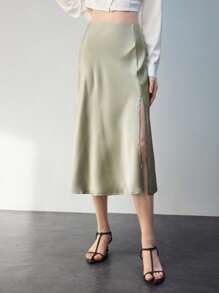 Maija Ladies' Solid Color Split Hem Casual Skirt - Green - View 2