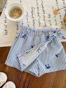 SHEIN LMoss Kids 女婴蝴蝶结条纹不对称下摆休闲裙裤 - 藍色 - 查看 6