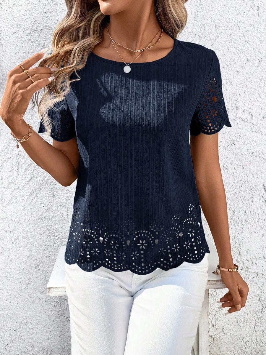 SHEIN Clasi Women's Casual Solid Color Short Sleeve Burnout Shirt, Spring/Summer - Navy Blue - View 1