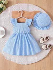 2 件婴幼儿女童甜美休闲度假时尚简约舒适花卉镂空纹理面料 3D 蝴蝶结装饰荷叶边下摆短袖中长连衣裙和可爱太阳帽套装，春夏新品，适合户外度假 - 藍色 - 查看 2
