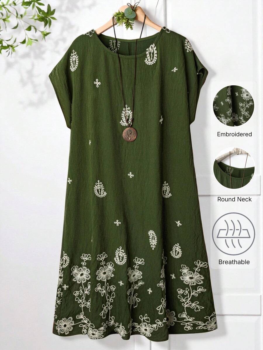 EMERY ROSE Plus Size Women's Country Vintage Vacation Bohemian Army Green Cashew Embroidery Round Neck Raglan Sleeve Loose Dress For Spring And Summer Summer Dresses For Women Vacation Outfits Woman Summer Dresses For Women Country Concert Outfit Country Outfits Women,Dresses Casual Embroidered Dress Green Summer Dress Women