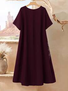 Rusticease Plus Size Geometric Print Round Neck Casual Short Sleeve Dress, Suitable For Summer