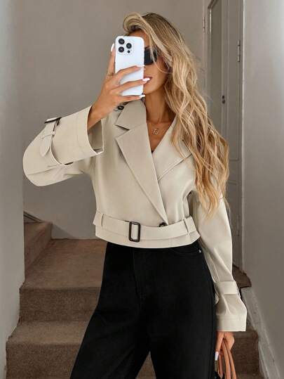 Easowa Double-Breasted Waist Cinching Short Trench Coat, Casual & Elegant Women's Cropped Trench Coat