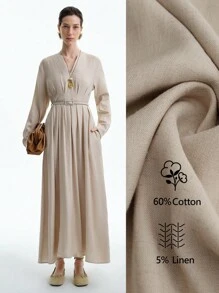 Aalyst 女式法式优雅奢华极简主义高端休闲度假通勤舒适纯色棉混纺褶皱腰褶 A 字形后腰抽绳侧袋长袖超长连衣裙，春/秋/冬 - 杏色 - 查看 1