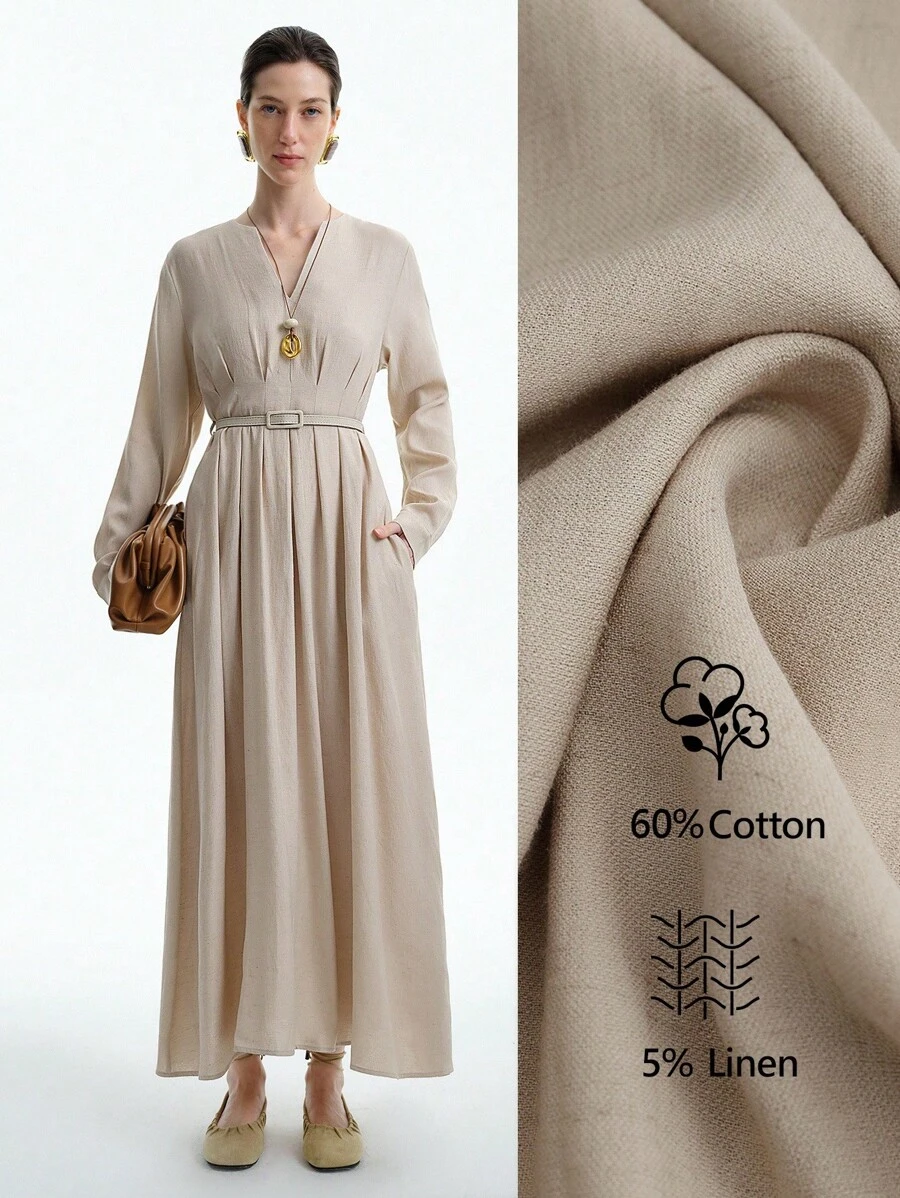 Aalyst 女式法式优雅奢华极简主义高端休闲度假通勤舒适纯色棉混纺褶皱腰褶 A 字形后腰抽绳侧袋长袖超长连衣裙，春/秋/冬 - 杏色 - 查看 1