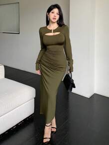 Celisse 女式夏季针织弹力修身长袖二合一 U 领装饰纽扣抽绳腰部褶皱开叉拼接设计优雅休闲长裙