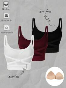 SHEIN VCAY 3 件套女式休闲露背短款背心，内置胸罩，适合夏季 - 彩色 - 查看 1