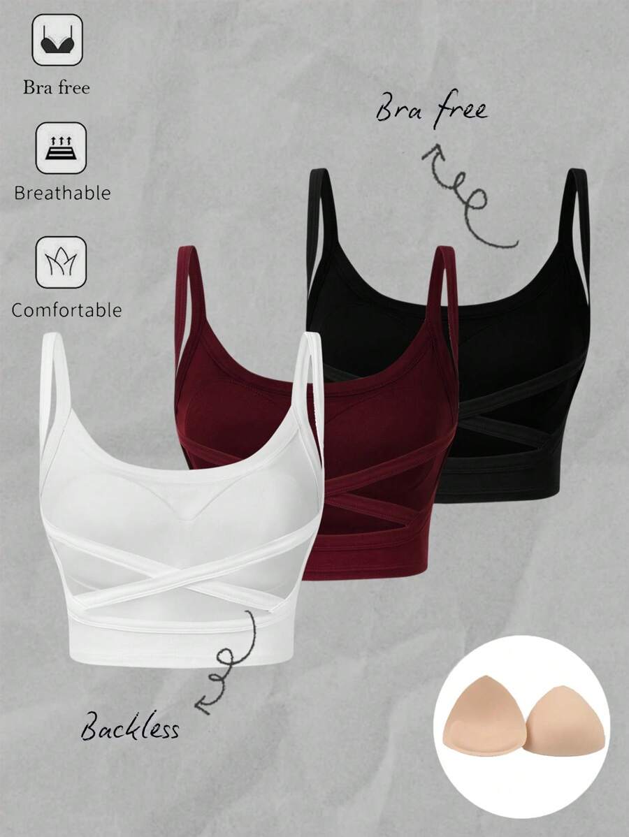 SHEIN VCAY 3 件套女式休闲露背短款背心，内置胸罩，适合夏季 - 彩色 - 查看 1