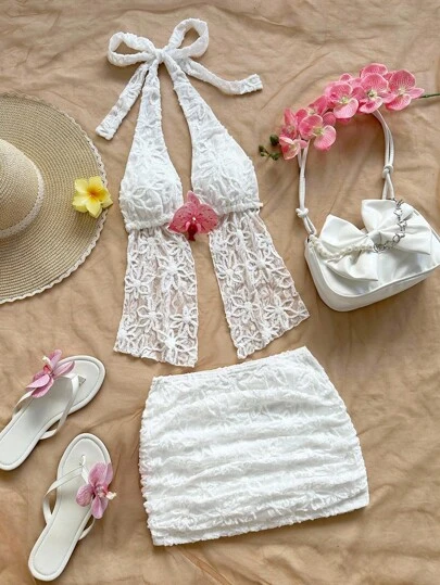 SHEIN x Eduarda Gutierrez Soleia Conjunto de falda mini y top de cuello halter sin espalda con textura de punto floral blanco elegante, adecuado para vacaciones, té de la tarde, boda, fiesta, playa, vacaciones de primavera/verano, crucero, festival de música, vacaciones bohemias