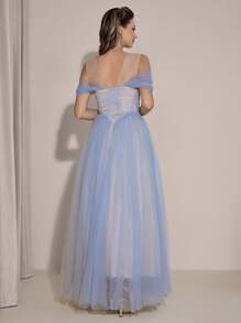 Poshira 优雅高端撞色蕾丝露肩晚礼服，奢华迷人主持人礼服 - 淺藍色 - 查看 2