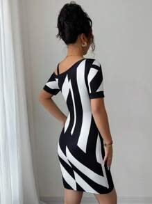 Elenzga Women's Summer Knitted Elastic Fitted Striped Geometric Print Asymmetric Asymmetrical Neck Short Sleeve Bodycon Hem Elegant Casual Mini Dress, Random Print - Black and White - View 2