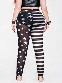 Whyspr Quần legging lưới co giãn họa tiết sọc ngôi sao phong cách Punk tương phản thời trang - Đen và trắng - Xem 2