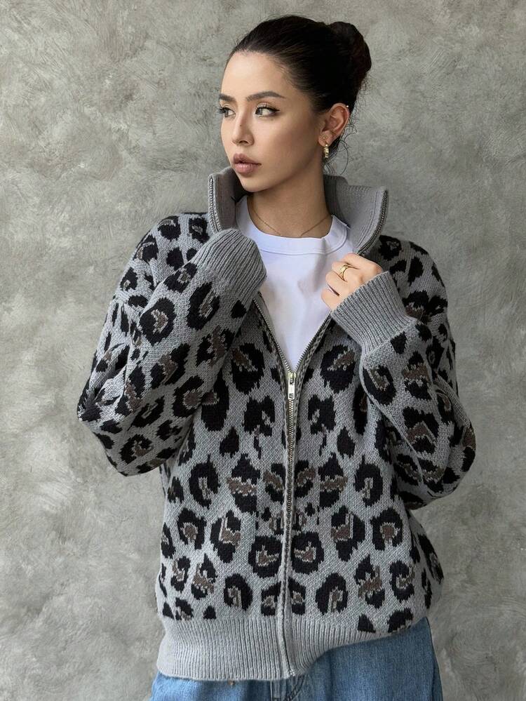 Leopard Print Loose Fashionable Versatile Long Sleeve Zip-Up Cardigan For Women