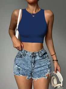 SHEIN Yoga Trendy 罗纹针织短款运动吊带上衣修身衬衫运动背心 - 藏蓝色 - 查看 4