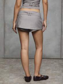 TypaGal Gray Pinstripe Skort With Belt,Summer 90s Night Party 2000s Style Streetwear Tailored Edge Hidden Shorts,Punk Essential Essential For Women - Light Grey - View 2