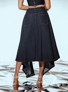 Denimoi 女士时尚性感不对称下摆侧开衩牛仔迷你裙 - 深色水洗藍 - 查看 4