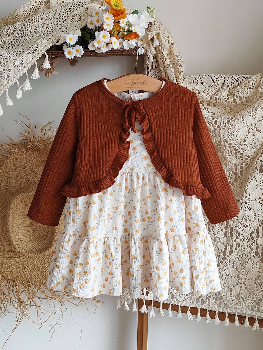 SHEIN 2-Pack Baby Girl Cute Casual Floral Pattern Dress And Coat Suitable For Spring, Summer, Autumn And Winter Daily Wear, Fall Clothes - Multicolor - View 1