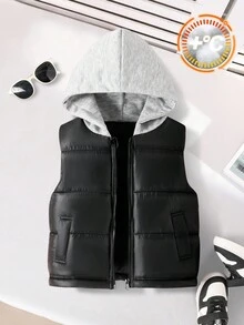 SHEIN 1pc Young Boy Kids Casual Solid Black Sleeveless Thick Hooded Vest, New Autumn/Winter Back To School - Black - View 6