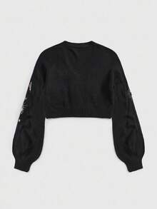 ROMWE Hippie Vintage Mysterious Sun Bestickter Cardigan Pullover für Frauen, Kurzer Stil, Herbst/Winter - Schwarz - Übersicht 4