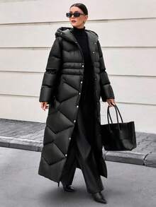 CLARA VERO Women's Solid Color Long Sleeve Single-Breasted Long Casual Hooded Winter Jacket