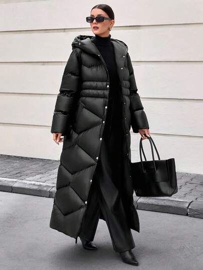 CLARA VERO Dam enfärgad långärmad enkelknäppt lång avslappnad vinterjacka med huva