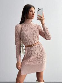 RueChic Turtleneck Split Hem Sweater Dress - Baby Pink - View 4