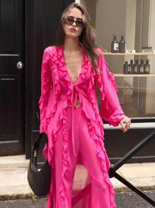 GENKIRA 玫红色雪纺荷叶边下摆女裤 - 玫紅色 - 查看 5