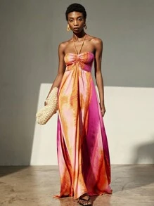 Aveloria Modichic Vestido de vacaciones sin mangas con cuello de halter y anudado en estampado de teñido anudado de gasa - Multicolor - Ver 5