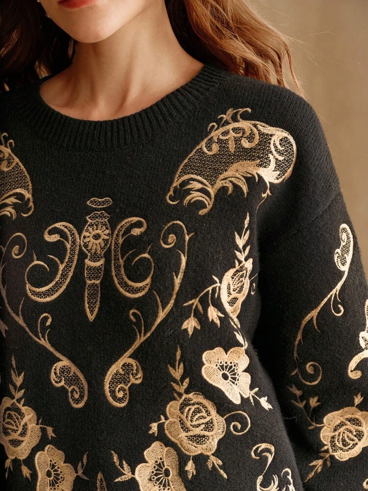 Vintage Renaissance Style Oversized Pullover Sweater With Intricate Golden Embroidery, Suitable For Fall, Winter, New Year, Party, Wedding, Elegant, Chic, Stylish, Business Casual For Women