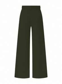 SHEIN LUNE 女士纯色褶皱阔腿宽松休闲裤 - 墨綠色 - 查看 2