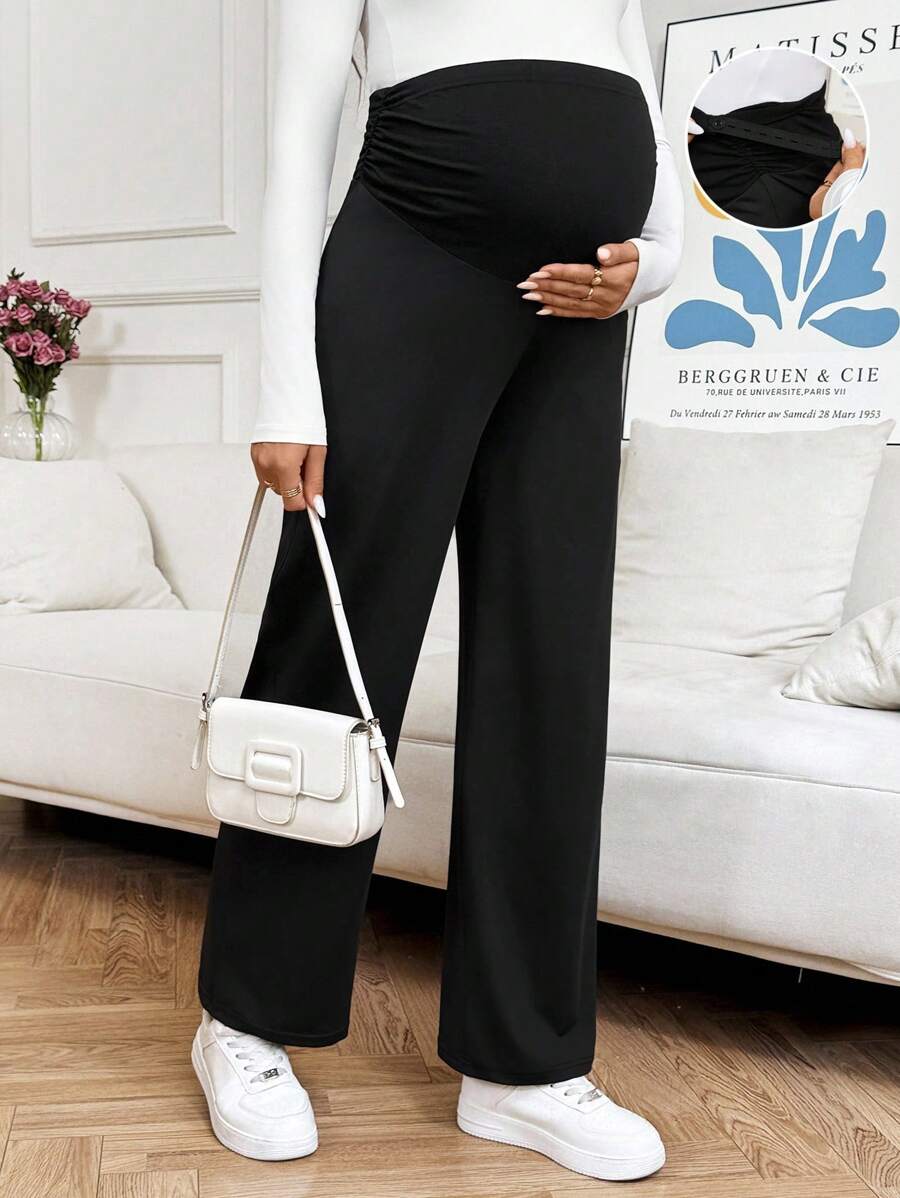 SHEIN Maternity Solid Color Adjustable Waist Pleated Design Casual Pants - Black - View 1