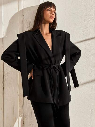 CLARA VERO Women's Solid Knotted Elegant Blazer Jacket