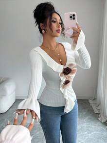 SHEIN LUNE 女士白色 V 领荷叶边针织毛衣，时尚长款喇叭袖套头衫秋冬 - 白色 - 查看 1