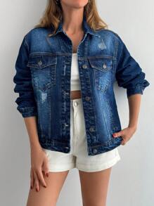 Cottnline 女式落肩长袖单排扣休闲宽松牛仔夹克 - 深色水洗藍 - 查看 5