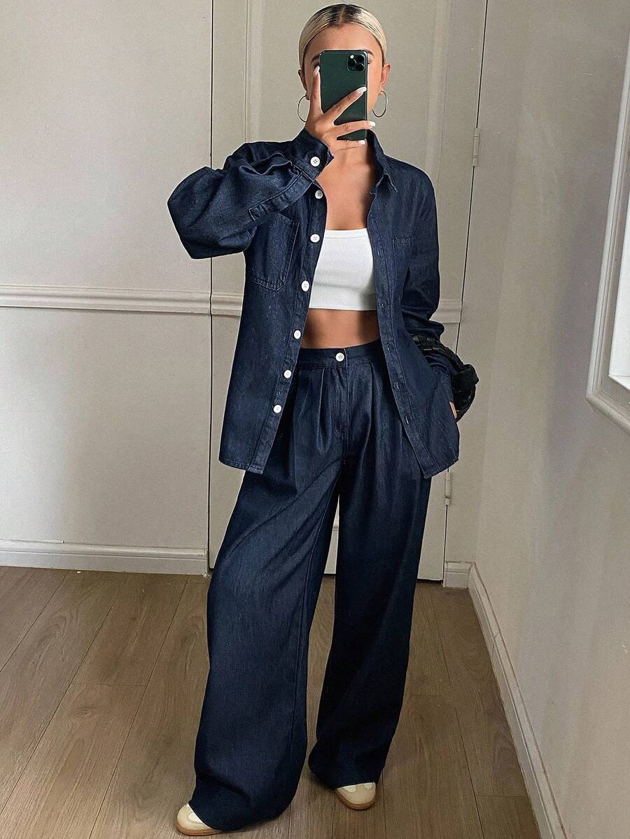 DAZY 女式宽松翻领长袖牛仔衬衫和宽松休闲裤两件套，休闲男女通用牛仔装 - 深色水洗藍 - 查看 1