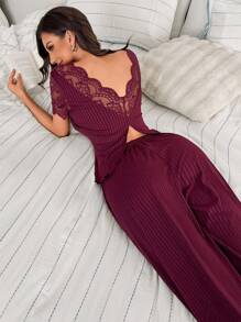 SHEIN V Neck Plain Pant Pajama Set With Contrast Lace Lace Trim Pajama Set 2 Pieces Pajama Set Women Pajama Set Ribbed Pajama Set Night Gown Set - Maroon - View 2