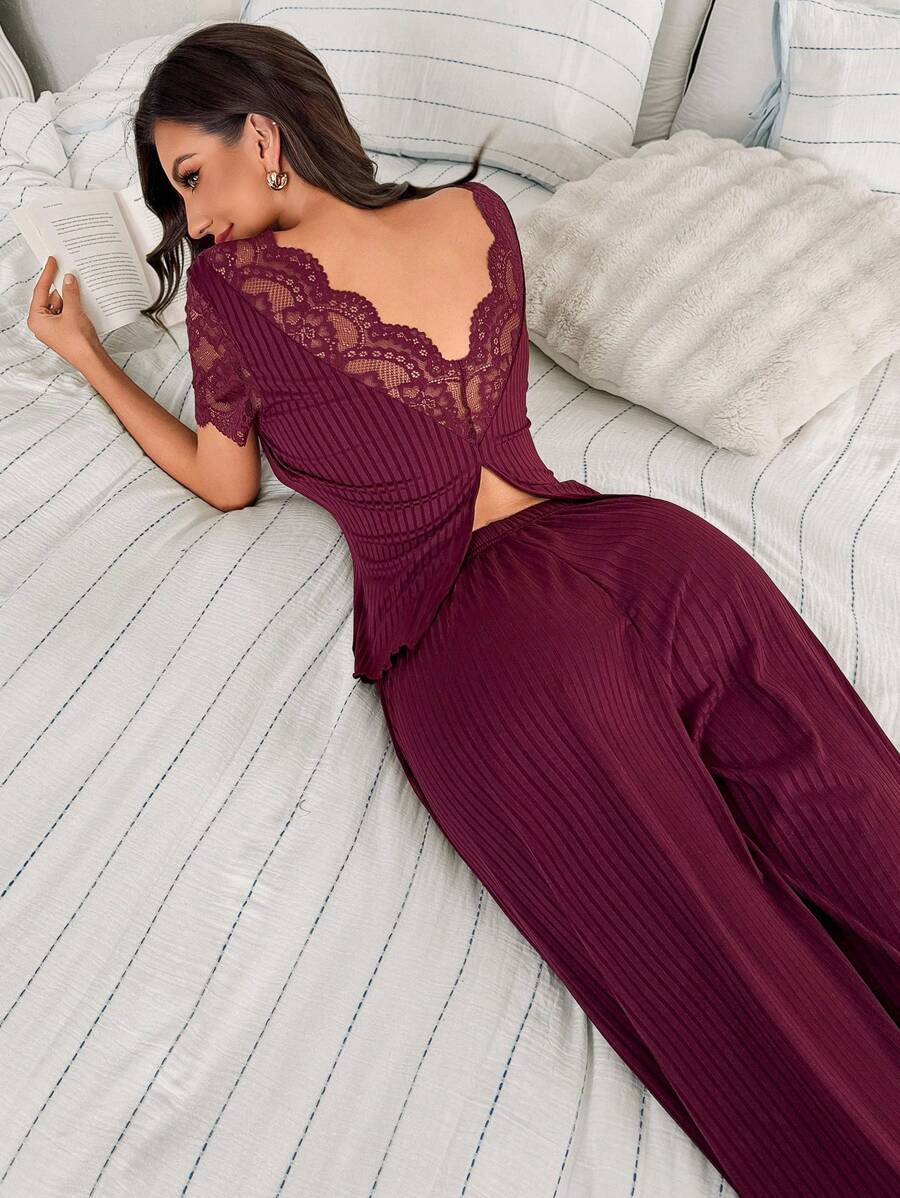 SHEIN V Neck Plain Pant Pajama Set With Contrast Lace Lace Trim Pajama Set 2 Pieces Pajama Set Women Pajama Set Ribbed Pajama Set Night Gown Set