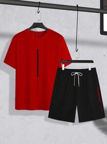Manfinity Homme Herren Große Größen Set aus Rundhals Kurzarm Lässig T-Shirt mit Buchstaben-Muster und Shorts mit Kordelzug Taille - Verschiedenfarbig - Übersicht 2